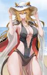  1girl absurdres animal_ears arknights beach black_one-piece_swimsuit blonde_hair breasts chinese_commentary cleavage commentary_request cowboy_shot day ears_through_headwear english_commentary hair_between_eyes hands_on_headwear hat highres horizon jewelry long_hair looking_at_viewer madana_gege medium_breasts mixed-language_commentary necklace one-piece_swimsuit outdoors parted_lips pearl_necklace siege_(arknights) signature solo standing swimsuit watermark white_hat yellow_eyes 