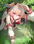  1girl absurdres all_fours bare_shoulders blush breasts commentary_request crawling crossed_bangs dappled_sunlight day detached_sleeves genshin_impact hand_up head_wings heart heart-shaped_pupils highres linnea_(genshin_impact) medium_breasts outdoors pink_eyes pink_wings pointy_ears red_eyes solo sunlight symbol-shaped_pupils taira_(taira_oekaki) twitter_username white_sleeves wings 