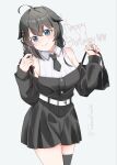  1girl ahoge belt black_dress black_hair black_necktie black_thighhighs blue_eyes braid collared_shirt commentary_request cowboy_shot detached_sleeves dress dress_shirt hair_flaps hair_over_shoulder happy_birthday highres kantai_collection long_hair necktie no_chi_(aka_hara) official_alternate_costume shigure_(kancolle) shigure_(yokosuka)_(kancolle) shigure_kai_san_(kancolle) shirt single_braid single_thighhigh sleeveless sleeveless_shirt solo thighhighs white_background white_belt white_shirt 