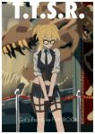  1girl belt black_jacket black_skirt black_vest blonde_hair blue_necktie bolt_action brown_belt collared_shirt full_body girls'_frontline glasses gloves green_eyes gun handgun highres jacket museum necktie ningen_(ningen96) shirt skirt twintails uneven_twintails vest weapon welrod welrod_(girls'_frontline_2) welrod_mkii_(girls'_frontline) 