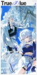  1boy 1girl absurdres alternate_costume bare_shoulders belt black_shirt blue_belt blue_choker blue_eyes blue_gloves blue_hair blue_shirt breasts building choker closed_mouth cloud cup drinking_straw gloves hair_between_eyes hair_over_one_eye heterochromia highres holding holding_cup honkai:_star_rail honkai_(series) jacket jing_yuan long_hair long_sleeves looking_at_viewer midriff multicolored_hair off_shoulder outdoors pants purple_eyes q_(llll4414_j) ribbon shirt shorts skirt sky smile stairs streaked_hair thigh_strap white_hair white_jacket white_pants white_shorts white_skirt yao_guang_(honkai:_star_rail) yellow_eyes 