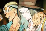  alcohol arm_around_shoulder beer beer_mug black_hair black_hat blonde_hair blue_jacket blush closed_eyes closed_mouth collared_jacket commentary cup drunk facial_hair forked_eyebrows goatee goggles goggles_on_head green_eyes hat highres jacket long_hair mug one_piece open_clothes open_jacket open_mouth paruma_umu paulie_(one_piece) rob_lucci shirt short_sideburns sideburns suspenders teeth top_hat untranslatable_commentary upper_body v-shaped_eyebrows white_shirt wing_collar 