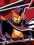 2025 3_fingers 3_toes anthro artist_name atlus black_cape black_clothing black_nose buizel cape cheek_tuft chromatic_aberration clothing detailed_background digital_media_(artwork) facial_tuft feet fingers fulgito_ast fur generation_4_pokemon hat headgear headwear hi_res male megami_tensei nintendo open_mouth orange_body orange_fur persona_(series) pink_tongue pokemon pokemon_(species) red_background sega simple_background solo standing_biped teeth text toes tongue top_hat tuft yellow_eyes