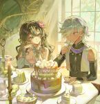  1boy 1girl arabian_clothes bare_shoulders black_shirt breasts bridal_gauntlets brown_hair cake cake_slice candle cleavage closed_mouth commentary cup curtains cyno_(genshin_impact) dark-skinned_male dark_skin detached_sleeves dress earrings eating flower food fork gem genshin_impact gold_trim green_eyes green_gem green_hair hair_between_eyes hair_flower hair_ornament hair_over_one_eye highres holding holding_cup holding_fork indoors jewelry long_hair long_sleeves looking_at_another macaron oc_x_canon original pink_flower plate q_(llll4414_j) red_eyes rose shirt sitting sleeveless smile swept_bangs table teacup tiered_tray upper_body white_hair window 