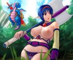  areolae axe bag blue_hair borurun breasts cameltoe cloud day detached_sleeves dragon elf fantasy groin hairband large_breasts looking_back nipples open_mouth original panties pointy_ears purple_eyes sheath sheathed short_hair sky solo sword underwear weapon 