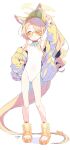  1girl akino_yoo animal_ear_fluff animal_ears blonde_hair blue_archive boots clothing_cutout commentary covered_navel cross_halo diamond_cutout flat_chest fox_ears fox_girl fox_tail full_body hair_over_one_eye halo highleg highleg_one-piece_swimsuit highres jacket long_hair looking_at_viewer official_alternate_costume official_alternate_hairstyle one-piece_swimsuit open-toe_boots orange-tinted_eyewear orange_boots orange_eyes seia_(blue_archive) seia_(swimsuit)_(blue_archive) side_ponytail simple_background solo standing sunglasses swimsuit tail tinted_eyewear visor_cap white_background white_one-piece_swimsuit yellow_halo yellow_jacket yellow_visor 