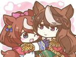  2girls aiguillette animal_ears blue_eyes blue_gloves blush_stickers brown_hair cape chibi chibi_only commentary diagonal-striped_background earrings epaulettes gloves green_jacket heart horse_ears horse_girl hug jacket jewelry long_hair multicolored_hair multiple_girls open_mouth patterned_background pink_background ponytail purple_eyes red_cape shirt shitou_(fuwatoga) single_epaulette smile streaked_hair striped_background symboli_rudolf_(emperor's_path)_(umamusume) symboli_rudolf_(umamusume) tail tail_raised tokai_teio_(peak_joy)_(umamusume) tokai_teio_(umamusume) umamusume white_shirt white_streaks yuri 