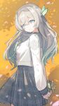  1girl absurdres bow bowtie commentary_request firefly_(honkai:_star_rail) firefly_(spring_missive)_(honkai:_star_rail) gift gradient_eyes gradient_hair green_bow green_bowtie grey_hair grey_hairband grey_sailor_collar grey_skirt hairband highres holding holding_gift honkai:_star_rail honkai_(series) long_hair multicolored_eyes multicolored_hair official_alternate_costume sailor_collar school_uniform serafuku skirt smile solo two-tone_eyes upper_body vespark white_serafuku 