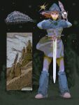  1girl animal animal_on_shoulder belt brown_eyes brown_hair bug closed_mouth commentary_request creature creature_on_shoulder earrings giant_insect gloves hat highres holding holding_sword holding_weapon jewelry kaze_no_tani_no_nausicaa long_sleeves looking_at_viewer nature nausicaa ohmu oiseaux000 on_shoulder outdoors oversized_bug pet short_hair sword teardrop_earrings teto_(nausicaa) weapon 