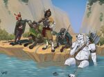 abs african_wild_dog anthro armband armor badger bandolier barefoot bear boots bottomwear braided_hair canid canine claws cloak clock clothed clothing dagger digital_media_(artwork) eyewear eyewear_on_head feet female food foot_wraps footwear fur goggles goggles_on_head group hair hi_res hyena jewelry lagomorph leg_wraps leporid loincloth male mammal melee_weapon mustelid musteline necklace outside pants partially_submerged paws pendant polar_bear polearm prosthetic prosthetic_arm prosthetic_limb rabbit sash shamerli shoes signature sitting spear sword toe_claws topless topless_male ursine water weapon wraps