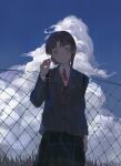  1girl absurdres asymmetrical_hair black_jacket black_skirt blazer blue_sky blush brown_eyes brown_hair chain-link_fence closed_mouth cloud collared_shirt commentary cowboy_shot cumulonimbus_cloud day dress_shirt earphones earphones_removed fence grass hair_ornament highres holding holding_earphones iwakura_lain jacket long_sleeves looking_at_viewer luorakka neck_ribbon nose_blush outdoors red_ribbon ribbon school_uniform serial_experiments_lain shirt short_hair single_earphone_removed single_sidelock skirt sky smile solo split_mouth standing white_shirt x_hair_ornament 