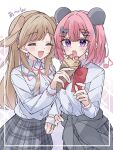  2girls :d ^_^ amaori_renako animal_ear_hairband animal_ears animal_hair_ornament blush bow bowtie brown_hairband buttons center-flap_bangs closed_eyes clothes_around_waist collared_shirt commentary_request couple crepe dot_nose double-parted_bangs dress_shirt eighth_note fake_animal_ears feeding floppy_ears food fruit grey_hairband grey_skirt hair_ornament hairband hairclip highres holding holding_another's_wrist holding_crepe holding_food koala_ears long_hair long_sleeves lop_rabbit_ears melon_kohashi multiple_girls musical_note neck_ribbon open_mouth pink_hair plaid_clothes plaid_skirt pleated_skirt purple_eyes rabbit_ear_hairband rabbit_ears red_bow red_bowtie red_ribbon red_trim ribbon sena_ajisai shirt shirt_tucked_in simple_background skirt sleeve_cuffs smile sparkle_background strawberry strawberry_slice swept_bangs translation_request upper_body watashi_ga_koibito_ni_nareru_wake_naijan_murimuri! white_background white_shirt wing_collar winter_uniform x_hair_ornament yuri 