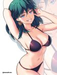  1girl :d alternate_costume arm_behind_head arm_up armpits bare_arms bare_shoulders bikini black_bikini blue_eyes blue_hair blush breasts cleavage collarbone commentary earrings english_commentary etchimune female_byleth_(fire_emblem) fire_emblem fire_emblem:_three_houses grin hair_between_eyes hand_up jewelry large_breasts looking_at_viewer medium_hair navel open_mouth sideboob simple_background skindentation smile solo stomach swimsuit teeth thick_thighs thighs zoom_layer 