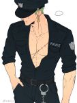  ... 1boy abs alternate_costume bare_pectorals belt belt_buckle black_belt black_hat black_pants black_shirt buckle closed_mouth collarbone commentary contrapposto covered_eyes cowboy_shot cuffs earrings frown hand_in_pocket handcuffs hat highres jewelry male_focus multiple_earrings muscular muscular_male one_piece open_clothes open_shirt pants pectorals piercing police police_badge police_hat police_uniform roronoa_zoro scar scar_on_chest scar_on_face shirt shirt_tucked_in si44ss sleeves_rolled_up solo speech_bubble spoken_ellipsis sweat 