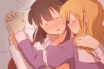  2girls blonde_hair blush breasts brown_hair closed_eyes collared_dress collared_shirt commentary_request contrast_collar dress hand_on_another's_back holding_hands long_hair lying maribel_hearn medium_hair missing_headwear multiple_girls necktie nose_blush on_back on_bed open_clothes open_shirt pillow purple_dress red_necktie shirt touhou unagi_sango usami_renko yuri 