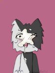 1_eye anthro blush bodily_fluids cum cum_drip cum_drool cum_in_mouth cum_inside cum_on_body cum_on_face dripping femboy fluffy genital_fluids hi_res kapi0w0 male multicolored_body nude olwys open_mouth pink_background simple_background solo submissive surprised two_tone_body