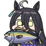  1girl ahoge animal animal_ears black_hair chibi commentary_request earrings fish hair_between_eyes holding holding_animal horse_ears horse_girl jazz_jack jewelry long_bangs long_hair lowres manhattan_cafe_(umamusume) open_mouth pleated_skirt purple_serafuku purple_shirt purple_skirt school_uniform serafuku shirt simple_background single_earring skirt solo tracen_school_uniform umamusume white_background white_hair yellow_eyes 