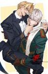  2boys ahoge alcohol america_(hetalia) axis_powers_hetalia belt black-framed_eyewear black_bow black_bowtie black_jacket black_pants blonde_hair blue_eyes border bow bowtie brown_gloves buttons champagne closed_mouth collared_shirt commission cup drinking_glass eyelashes formal_clothes from_side glasses gloves green_jacket green_pants grey_hair hair_between_eyes half-closed_eyes hand_on_another's_back hand_on_another's_chin hands_up highres holding holding_cup jacket lapels lips long_sleeves looking_afar looking_at_another male_focus military_jacket military_uniform multiple_boys open_clothes open_jacket open_mouth outside_border pants purple_eyes russia_(hetalia) scarf semi-rimless_eyewear shirt short_hair shoulder_boards simple_background sitting sitting_on_person smile soviet_army sparkle suit suit_jacket teeth tongue ursa_sunflower white_border white_scarf white_shirt yaoi yellow_background yellow_belt 