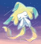  arms_up ci_spl closed_eyes closed_mouth dusk facial_mark flying full_body jirachi no_humans own_hands_together pokemon pokemon_(creature) pokemon_focus sky smile star_(sky) starry_sky u_u 