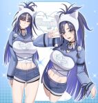  1girl :d ;) animal_hat black_hair blue_eyes blue_hair blue_shorts blue_shrug blunt_ends braid braided_sidelocks breasts cat_hat collared_shirt colored_inner_hair commentary cropped_legs cropped_shirt denim denim_shorts english_commentary hand_up hat heart heart_necklace highres hololive hololive_english jewelry large_breasts long_hair looking_at_viewer midriff multicolored_hair navel necklace official_alternate_costume one_eye_closed open_mouth ouro_kronii pom_pom_(clothes) ponytail shirt short_shorts shorts shrug_(clothing) sidelocks smile variations very_long_hair virtual_youtuber white_hat white_shirt zenya 