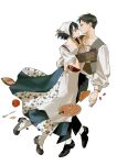  1boy 1girl absurdres apple apron arm_around_another's_waist basket black_hair black_pants black_shoes breasts brown_hair dress eren_yeager floral_print floral_print_skirt food fork fruit full_body grey_vest hair_between_eyes headscarf hetero highres holding holding_basket long_dress looking_at_another medium_breasts mikasa_ackerman pants parted_lips pie print_skirt shingeki_no_kyojin shirt shoes short_hair skirt strawberry vest white_apron white_background white_dress white_headscarf white_shirt zhuse_fuxianqing 