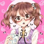  1girl alternate_hairstyle animal_background animal_print bear_print black_ribbon blush brown_eyes brown_hair cellphone collared_shirt commentary_request glasses hair_between_eyes hair_ornament highres holding holding_phone kuronon looking_at_viewer missing_headwear neck_ribbon open_mouth panda panda_hair_ornament panda_print phone pink_background plaid_clothes plaid_vest purple_vest quimbaya_airplane red-framed_eyewear ribbon semi-rimless_eyewear shirt short_hair signature smartphone solo touhou twintails twitter_username under-rim_eyewear upper_body usami_sumireko vest white_shirt 
