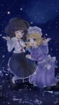  2girls :d black_hat black_shoes blonde_hair blush bow brown_eyes brown_hair city collared_dress collared_shirt commentary contrast_collar dress floating frilled_skirt frills ghostly_field_club hair_bow hat hat_bow highres kuronon long_sleeves maribel_hearn mary_janes medium_hair mob_cap multiple_girls night one_eye_closed open_mouth purple_dress purple_eyes shirt shoes skirt sleeve_cuffs smile socks star_(sky) touhou usami_renko waist_bow white_bow white_hat white_shirt white_socks 