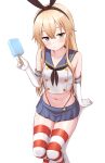  1girl absurdres black_hairband black_neckerchief black_panties blonde_hair blue_sailor_collar blue_skirt commentary_request crop_top elbow_gloves feet_out_of_frame food gloves grey_eyes hairband highleg highleg_panties highres kantai_collection long_hair looking_at_viewer microskirt miniskirt neckerchief panties pleated_skirt popsicle sailor_collar shimakaze_(kancolle) shirt simple_background sitting skirt sleeveless sleeveless_shirt solo striped_clothes striped_thighhighs thighhighs tiemu_(man190) underwear white_background white_gloves 