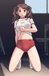  amagami brown_eyes brown_hair buruma gym_uniform highres jun_(blue) kneeling long_hair nakata_sae shirt_lift solo twintails 