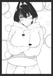 1girl absurdres alternate_costume arms_under_breasts averting_eyes blush border breasts closed_mouth commentary cowboy_shot crossed_arms english_commentary facing_viewer food food_on_face greyscale hair_between_eyes hair_intakes hatching_(texture) highres hololive hololive_english hood hoodie large_breasts linear_hatching long_hair long_sleeves looking_at_viewer looking_to_the_side monochrome ouro_kronii pants plate pov pov_hands sideways_glance solo_focus standing v-shaped_eyebrows virtual_youtuber wavy_mouth zero_(muftisaili) 