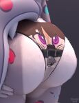 ambiguous_gender anthro bell bell_collar black_nose blue_markings bottomwear brown_hair butt butt_shot clothed clothing clothing_transformation collar deer duo facungo.dont felid fur grey_body grey_fur hair hand_on_butt heart_symbol hi_res inanimate_transformation mammal markings multicolored_body pantherine panties_transformation purple_eyes red_markings shay_sins snow_leopard spade_(spadethasnep) spiral spiral_eyes spots spotted_markings tail transformation tuft two_tone_body underwear_transformation white_body white_fur