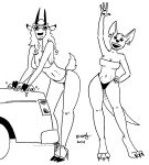 2024 antelope anthro bikini black_and_white bovid car cassandra_(tegerio) clothing dipstick_ears duo ear_markings ear_piercing ear_ring eyewear female footwear fur gesture hair hi_res high_heels horn kangaroo kangy_(tegerio) macropod mammal markings marsupial monochrome multicolored_ears piercing pouch_(anatomy) ring_piercing shoes short_tail sunglasses swimwear tail tegerio two-piece_swimsuit vehicle waving waving_at_viewer