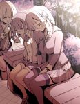  3girls bench black_thighhighs bolo_tie breasts closed_eyes commentary_request feet_out_of_frame finger_to_mouth glasses hair_over_shoulder heaven_burns_red higuchi_seika izumi_yuki kayamori_ruka kenpi_(hs-totyu) large_breasts leaning_on_person long_hair low-tied_long_hair monochrome multiple_girls outdoors park_bench round_eyewear shushing side-by-side spoilers thighhighs yuri zettai_ryouiki 