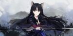  1girl animal_ears arknights black_hair black_kimono brown_eyes chinese_commentary commentary_request dog_ears dog_girl facial_mark fingerless_gloves forehead_mark gloves highres japanese_clothes kimono long_hair looking_at_viewer naginata open_mouth parted_bangs polearm purple_gloves saga_(arknights) shiliu_xian_xian_xian solo upper_body weapon 