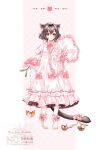  1girl animal_ear_fluff animal_ears ankle_cuffs argyle_background barefoot beads bell blush bone border bow bowtie brown_eyes brown_hair cat_ears cat_girl cat_ornament cat_tail commentary_request dress dress_bow fluffy_hair frilled_dress frilled_pillow frills fujishiro_kazuha full_body hair_intakes highres holding holding_leaf holding_pillow jingle_bell leaf long_dress long_sleeves looking_at_viewer original parted_lips paw_print pillow pink_background pink_bow pink_bowtie pink_dress puffy_long_sleeves puffy_sleeves short_hair sidelocks single_sleeve_past_fingers sleeve_bow solo standing tail tail_bow tail_ornament toes watermark white_border 