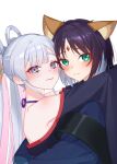  2girls animal_ears arms_around_another's_waist arms_around_neck bare_shoulders black_hair blue_eyes blue_hair blush bosg_12_2 cho_kaguya-hime! commentary_request forehead_jewel fox_ears from_side green_eyes grey_hair hair_ornament hair_rings hair_stick halterneck highres hug korean_commentary long_sleeves looking_at_viewer multicolored_eyes multicolored_hair multiple_girls pink_hair purple_eyes runami_yachiyo sakayori_iroha simple_background smile textless_cover_page textless_version twintails two-tone_hair upper_body white_background yuri 