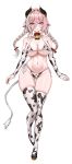  1girl absurdres animal_ears animal_print aqua_hair aqua_streaks bare_shoulders bell bikini black_horns black_shoes black_thighhighs braid breasts bridal_gauntlets cleavage collar commentary cow_ears cow_girl cow_horns cow_print cow_print_bikini cow_print_bridal_gauntlets cow_print_thighhighs cow_tail english_commentary facing_viewer fingernails full_body hair_between_eyes highres horns huge_breasts legs light_smile long_hair looking_at_viewer multicolored_hair multicolored_thighhighs nail_polish navel neck_bell original pink_hair print_bikini print_bridal_gauntlets print_thighhighs red_collar red_eyes red_nails shoes simple_background skindentation solo stomach streaked_hair swimsuit tachi-e tail thigh_gap thighhighs thighs twin_braids two-tone_hair two-tone_thighhighs ushigome_ichiya_(zzirit6) white_background white_thighhighs zzirit6 