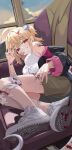  1girl absurdres ahoge alternate_costume auguste bandages bandaid bare_shoulders blonde_hair blood blood_on_bandages breasts cissia_(zenless_zone_zero) commentary_request hair_ornament highres indoors long_hair looking_at_viewer red_eyes small_breasts smile snake_girl snake_tail solo tail v zenless_zone_zero 