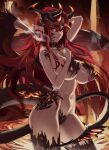  1girl arm_behind_head black_scales breasts covered_nipples cowboy_shot demon_girl demon_horns demon_tail demon_wings earrings hand_on_own_chest highres horns jewelry large_breasts lava long_hair looking_at_viewer messy_hair navel original pointy_ears psidubs red_eyes red_hair scales tail unfinished wings 