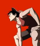  1boy absurdres bare_shoulders black_hair collarbone commentary_request feet_out_of_frame from_side fur-trimmed_shorts fur_trim hand_on_own_thigh hat hat_on_back highres male_focus monkey_d._luffy one_piece parted_lips pnpk_1013 profile red_background red_vest scar scar_on_cheek scar_on_face short_hair shorts solo straw_hat vest 