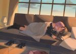  2girls artist_request bang_dream! bang_dream!_it's_mygo!!!!! black_socks blanket blue_shirt chihaya_anon chinese_commentary closed_eyes commentary_request commission couch couple cushion hug indoors long_hair multiple_girls nagasaki_soyo school_uniform second-party_source shirt shoes sleeping socks tsukinomori_school_uniform unworn_shoes yuri 