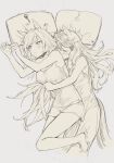  2girls animal_ears blush breasts closed_eyes commentary cuddling frilled_nightgown frills furrowed_brow hair_spread_out hand_on_another's_chest hand_on_another's_waist hatching_(texture) head_on_pillow horse_ears horse_girl horse_tail hug hug_from_behind kicking limited_palette linear_hatching lineart long_hair lying medium_breasts monochrome multicolored_hair multiple_girls nightgown on_bed on_side pillow raraoa_(lalaoa) shorts simple_background sirius_symboli_(umamusume) spooning squiggle sweatdrop symboli_rudolf_(umamusume) tail tank_top umamusume very_long_hair white_background yuri 