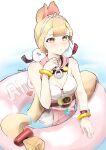  1girl absurdres afloat alice_thymefield alice_thymefield_(sea_of_thyme) animal_ears blonde_hair blush breasts cleavage commentary_request dress_swimsuit hair_ornament hand_up heterochromia highres innertube kosawa_77 long_hair low_twintails official_alternate_costume one-piece_swimsuit pink_one-piece_swimsuit rabbit_ears rabbit_girl red_eyes sphere_hair_ornament swim_ring swimsuit twintails two-tone_one-piece_swimsuit water white_background white_one-piece_swimsuit yellow_eyes zenless_zone_zero 