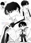  2boys adam's_apple chainsaw_man cigarette closed_mouth commentary_request deformed ear_piercing earrings greyscale highres iichinpo jacket jewelry kishibe_(chainsaw_man) kishibe_(young)_(chainsaw_man) male_focus monochrome multiple_boys necktie piercing short_hair sideburns signature simple_background sword undone_necktie watermark weapon white_background yoshida_hirofumi 