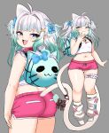  1girl absurdres ahoge animal_bag backpack bag bare_shoulders bell blue_eyes blue_nails blunt_bangs blush bow breasts cat_bag cat_tail character_request clothing_request copyright_request cowboy_shot crop_top cropped_shirt dolphin_shorts dot_nose frilled_shirt frills full_body green_hair grey_background hair_bow hair_intakes hand_up highres looking_at_viewer looking_up medium_hair midriff mint_fantome multicolored_hair multiple_views navel neck_bell open_mouth peagade pink_shorts shirt shirt_bow short_twintails shorts single_animal_ear sleeveless sleeveless_shirt small_breasts solo standing tail tail_bow tail_ornament thick_thighs thigh_strap thighs twintails two-tone_hair white_hair white_shirt white_tail 