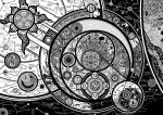  1girl absurdly_detailed_composition absurdres bamboo bird buddhism bug butterfly commentary_request crescent diagram dragon flower highres kani_onigiri_(shottare) long_hair mandala monochrome mountain original patterned river roman_numeral snake stained_glass swastika tagme 