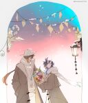  2boys absurdres alternate_costume blue_flower blue_hair bouquet brown_hair closed_eyes coat commentary_request dusk flower genshin_impact gradient_hair grey_coat highres holding holding_bouquet lantern lapels long_sleeves looking_at_another male_focus multicolored_hair multiple_boys open_mouth outdoors red_flower scarf shirt smile trench_coat triangle_mouth twitter_username venti_(genshin_impact) white_scarf white_shirt yellow_flower zhongli_(genshin_impact) zhongvenyyds 