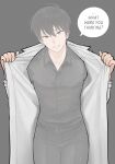  1boy absurdres black_hair black_shirt coat collared_shirt grin head_tilt highres kim_dokja looking_at_viewer male_focus meme omniscient_reader's_viewpoint open_clothes open_coat popped_collar shirt short_hair smile solo taotaille tap_me_(meme) thigh_gap thumbnail_surprise white_coat 