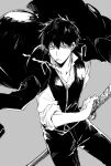  1boy absurdres cigarette collared_shirt commentary_request double-parted_bangs floating_clothes floating_jacket gintama grey_background hair_between_eyes highres hijikata_toushirou jacket jacket_on_shoulders katana looking_to_the_side male_focus nepo_(neponepo216) open_collar pants sanpaku shinsengumi_(gintama) shirt short_hair sideways_glance simple_background sleeves_rolled_up smoke smoke_trail smoking solo sword vest weapon wing_collar 
