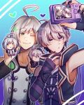  1boy 1girl absurdres ahoge arm_warmers armpit_peek blue_background buttons camera character_doll collar collarbone colored_eyelashes commentary detached_sleeves digital_camera doll english_commentary flower_(vocaloid) flower_(vocaloid4) gradient_background green_eyes halftone heart hetero highres holding holding_camera holding_stuffed_toy hood hooded_jacket huge_ahoge jacket lexshiroji looking_at_another multicolored_hair one_eye_closed open_mouth outline purple_arm_warmers purple_background purple_collar purple_eyes purple_hair purple_jacket purple_nails selfie shirt short_hair single_arm_warmer smile striped_arm_warmers stuffed_toy tomboy two-tone_hair utatane_piko v vocaloid watermark white_hair white_outline white_shirt 